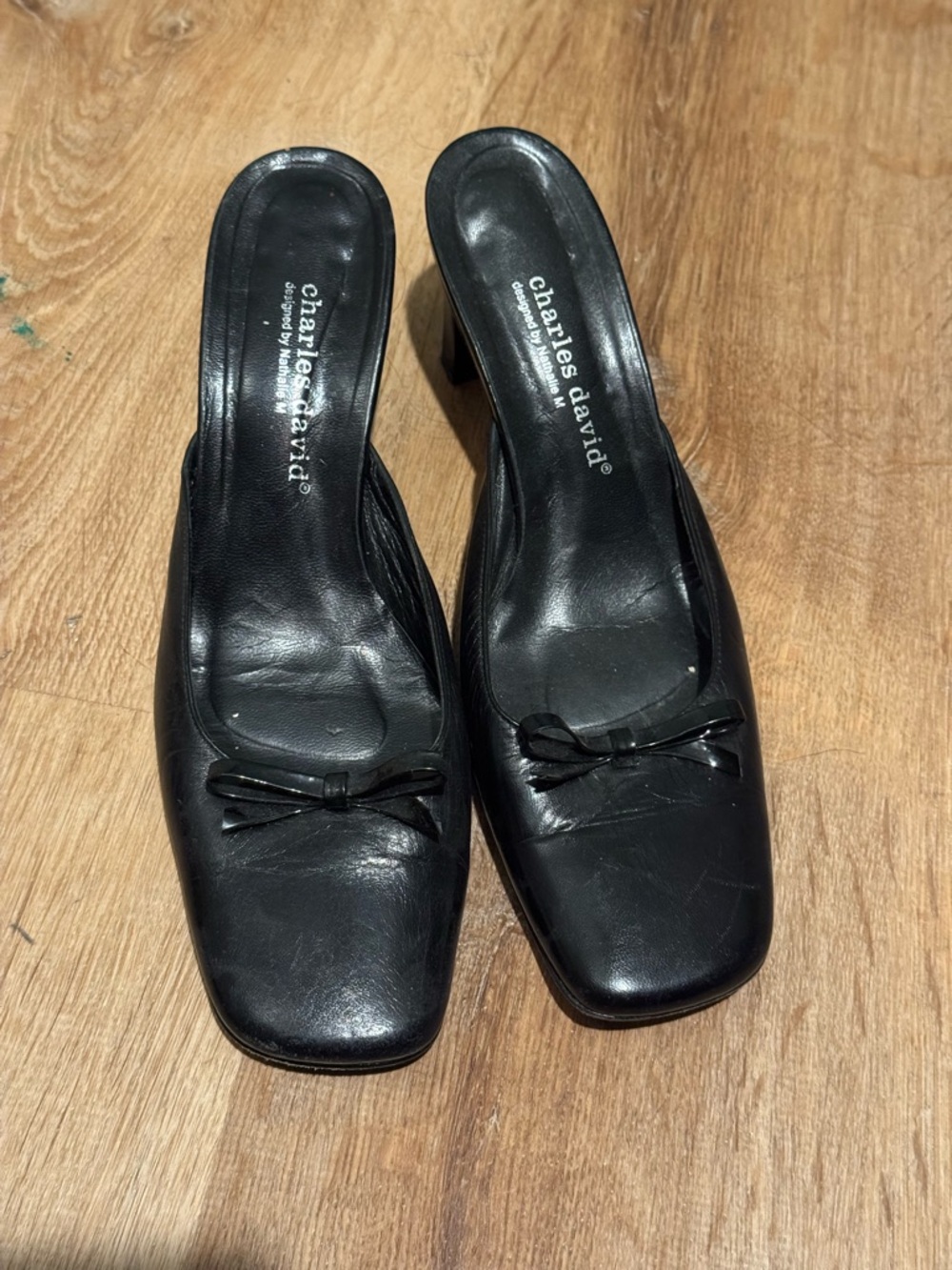 Charles David Black Leather Square-Toe Ballet Low Heel Mules with Bow